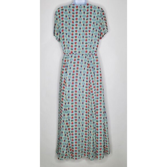 eShakti Women Colorful Owl Wrap Maxi Dress Size L Short Sleeve V Neck Whimsy - Picture 4 of 10